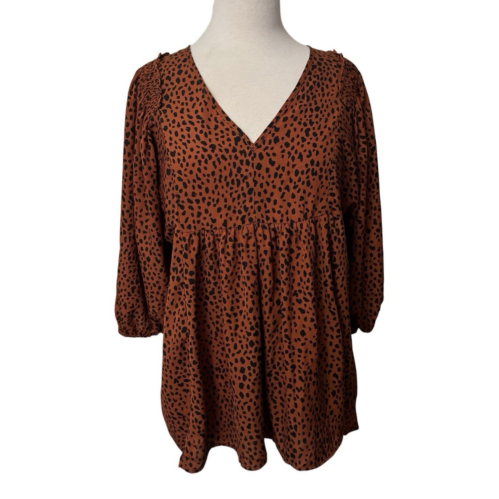 Umgee Animal Print High Low Tunic Blouse 3/4 Balloon Sleeve Brown Black Small